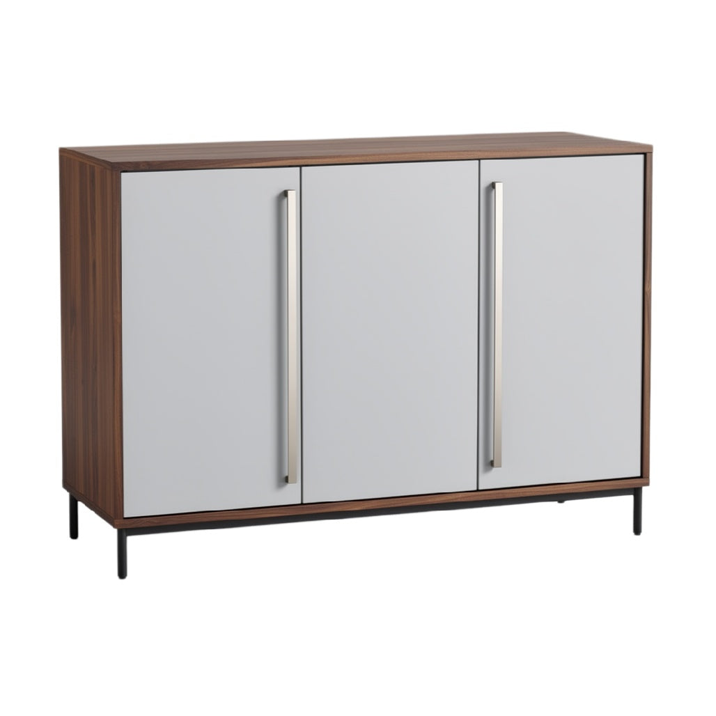"Modern Wooden Sideboard with Sleek White Doors and Metal Handles"